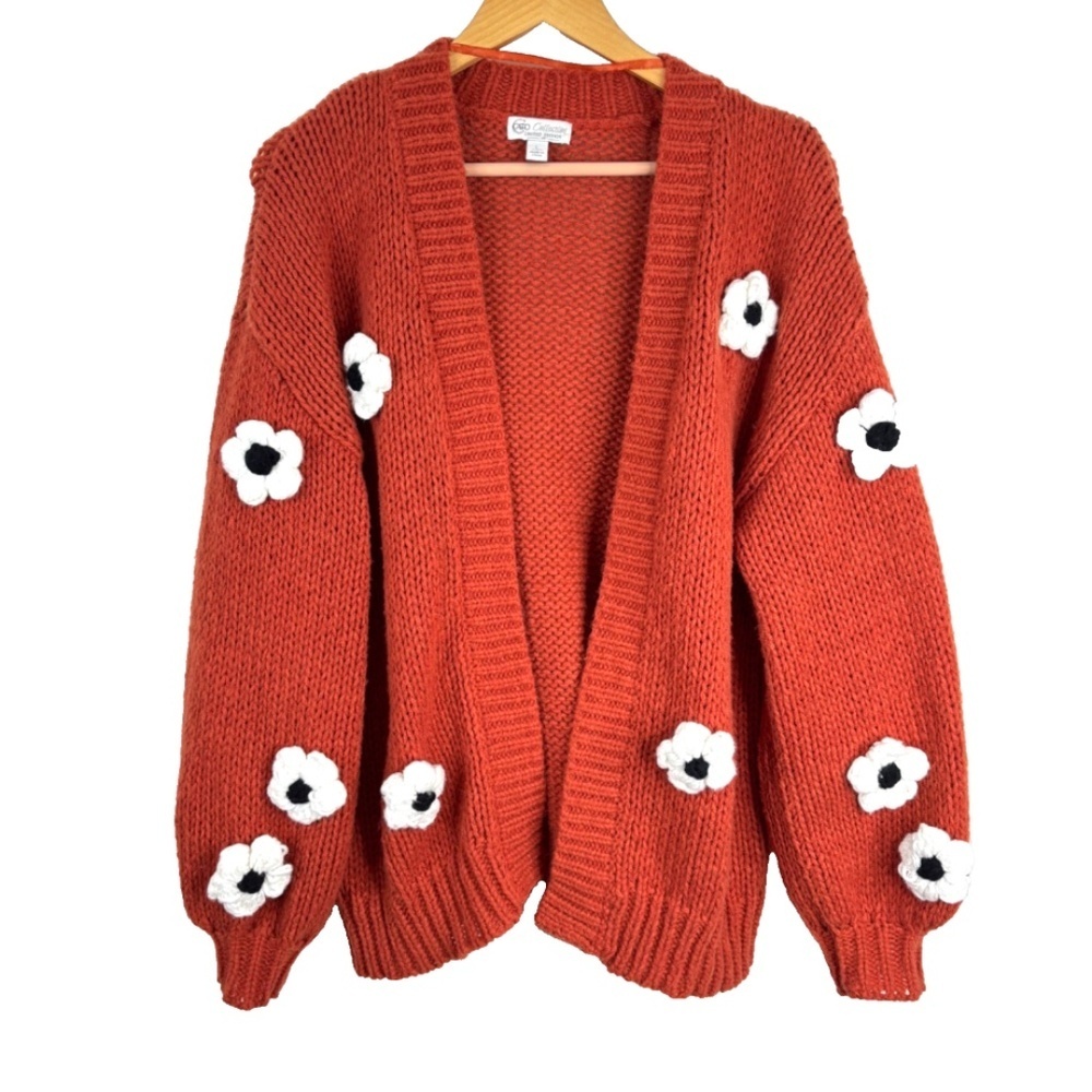 Cato Chunky 3D Floral Cardigan L Orange Daisy Boho Cottage Granny Limited Ed.
